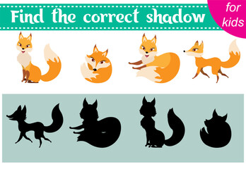 Brainteaser for kids. Zoo animals. Cute foxes. Find the correct shadow. Educational cards. Activity for preschoolers and toddlers.