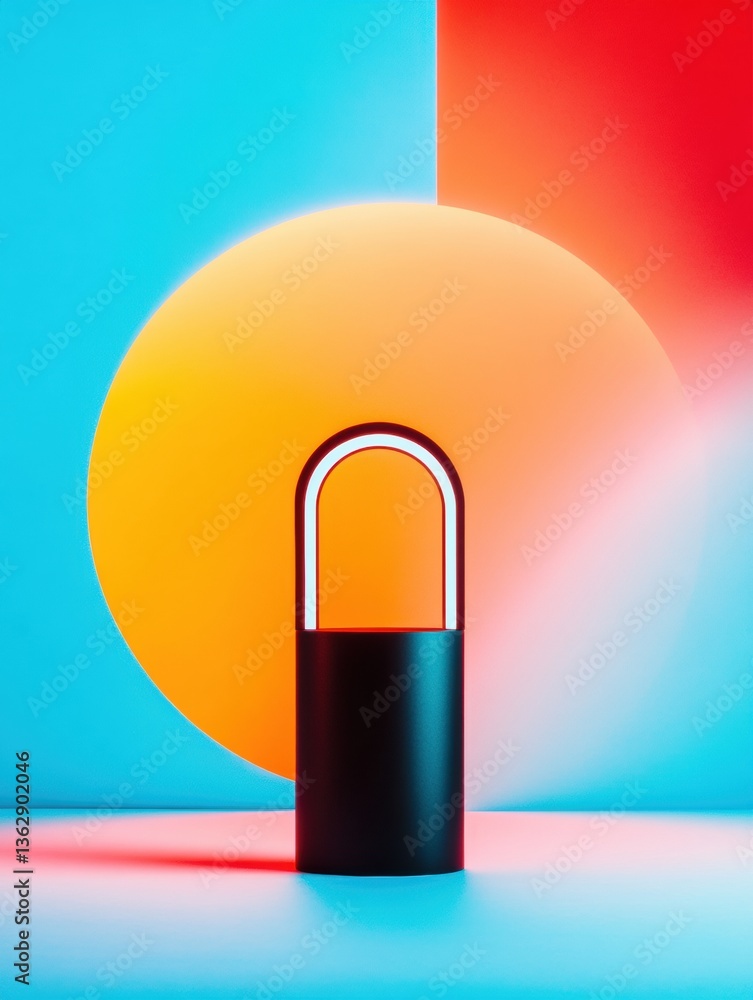 Poster Chromatic Fusion Minimalist Geometric Lock Design Showcasing Digital Aesthetic Innovation in Modern Product Visualization with Vibrant Color Gradient