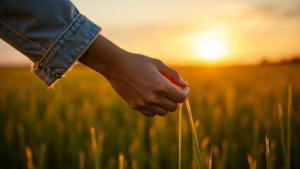 Serene Sunset: Woman's Hand Touching Grass in Rural Beauty