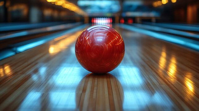 Rote Bowlingkugel auf beleuchteter Bowlingbahn
