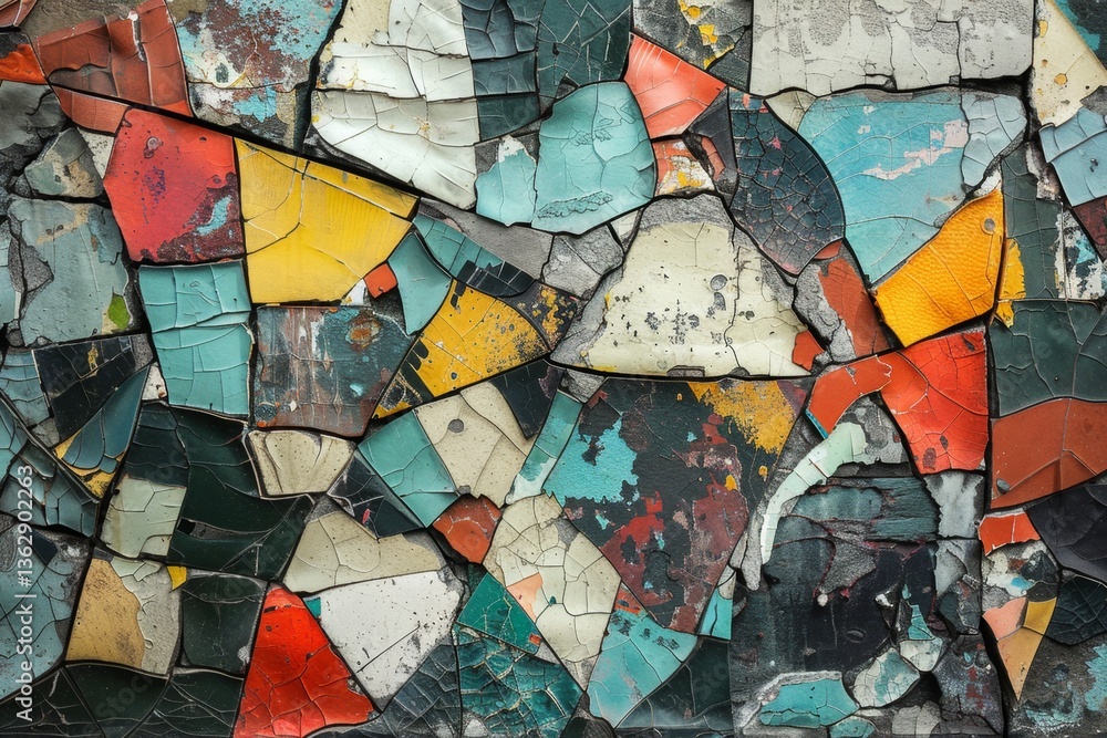 Poster exploration of human emotions through fragmented patterns and textures in a vibrant composition