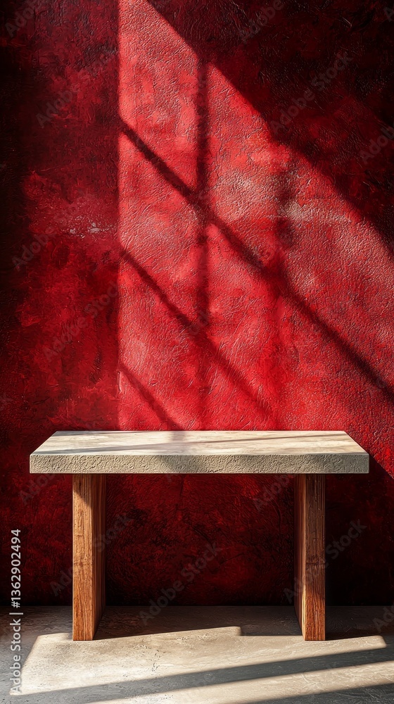 Poster Golden rays filter through a nearby window, casting intricate shadows on a simple wooden table. The deep red wall adds warmth, creating an inviting atmosphere for creativity