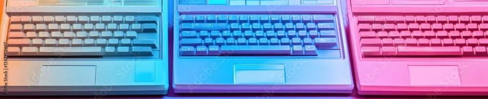 Aufkleber Nostalgic Tech Evolution Retro Computer Keyboards in Vibrant Gradient Spectrum - Digital Heritage Visualization for Creative Industries and Innovative Branding