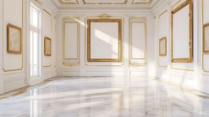 •	A sophisticated art gallery featuring a long, white wall with several large, ornate frames in golden hues, awaiting artworks