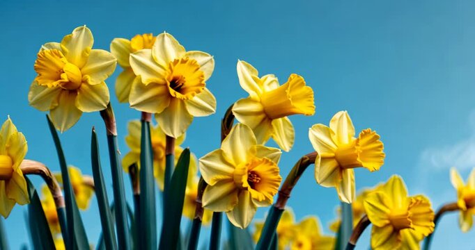 Lovely cluster of yellow daffodils set against a blue sky backdrop with room for text.