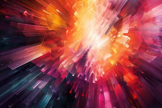 Dynamic digital artwork showcases vibrant geometric shapes radiating energy and motion through pulsating colors