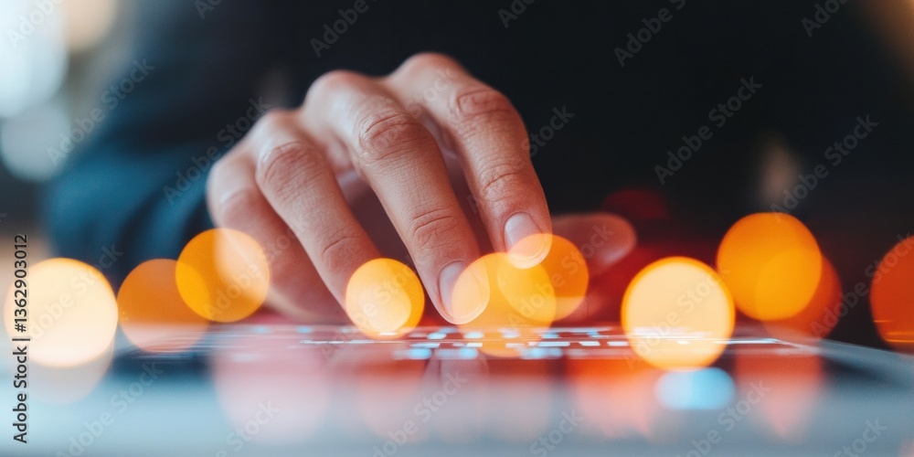 Poster Immersive Digital Interaction Minimalist Hand Navigating Translucent Interface with Soft Bokeh Lighting - Next-Gen User Experience and Creative Technology Engagement