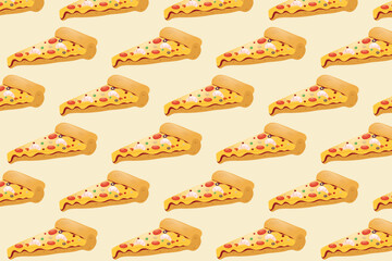 Seamless pizza slice pattern with melted cheese on beige background. Great for food-themed designs.