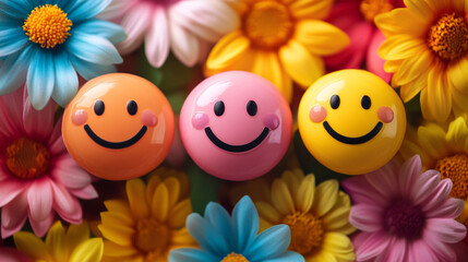 Cheerful Smiley Faces Among Vibrant Spring Flowers Joyful Stock Photo