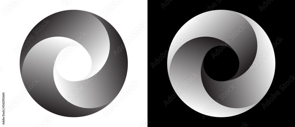 Fototapete Set of circles with lines with gradient. Dynamic design element, icon or logo. One spiral on white background and negative spiral on black background.