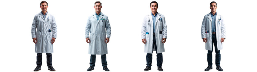 Full body portrait of smiling doctor wearing lab coat on white background