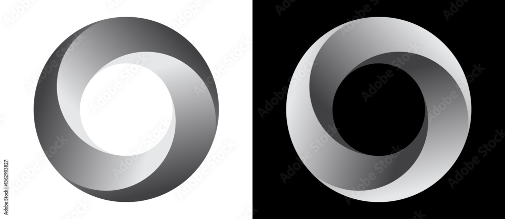Poster Set of circles with lines with gradient. Dynamic design element, icon or logo. One spiral on white background and negative spiral on black background.