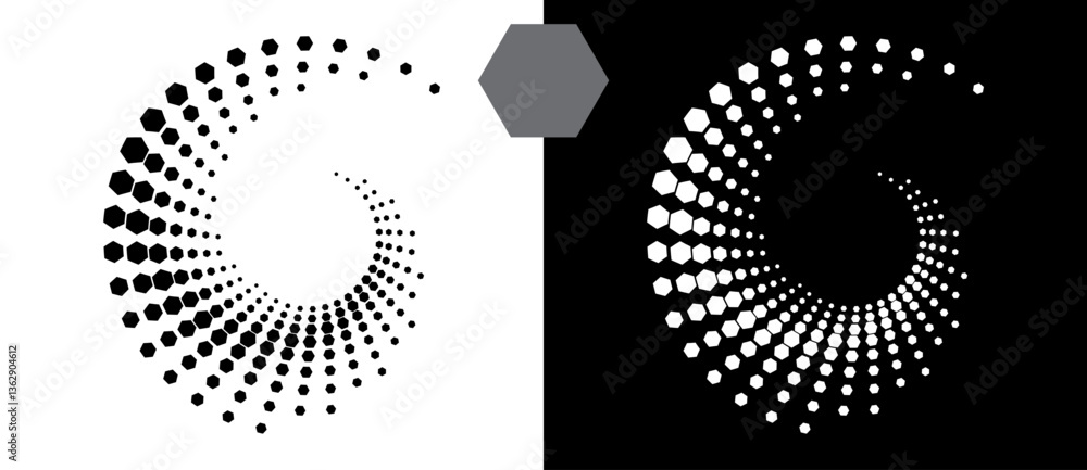 Poster Halftone round as icon or background. Abstract vector circle, spiral with hexagons as logo or emblem. Black shape on a white background and the same white shape on the black side.