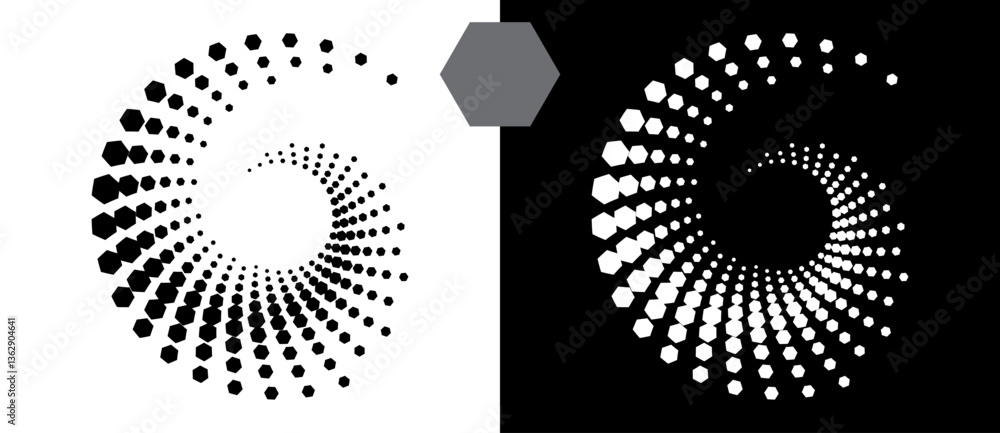 Poster Halftone round as icon or background. Abstract vector circle, spiral with hexagons as logo or emblem. Black shape on a white background and the same white shape on the black side.