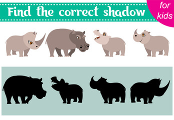 Brainteaser for kids. Zoo animals. Rhinoceros and hippopotamus. Find the correct shadow. Educational cards. Activity for preschoolers and toddlers.