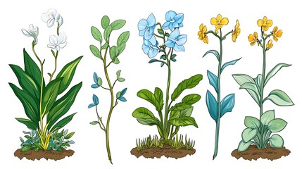 Vibrant Hand-Drawn Illustration of Five Blooming Flowers and Plants AI Generated