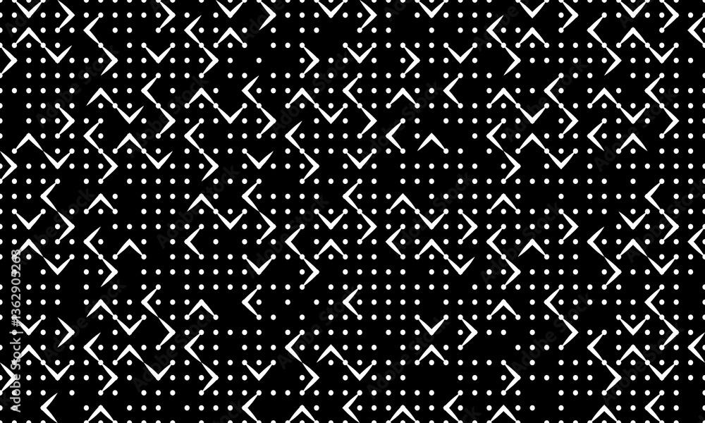 Poster white triangles and dots on black background. seamless creative artwork pattern.