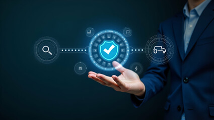 Hand confirming secure online payment on holographic digital interface with verification tick symbol in empty space concept as Hand confirms secure online payment using holographic digital interface w