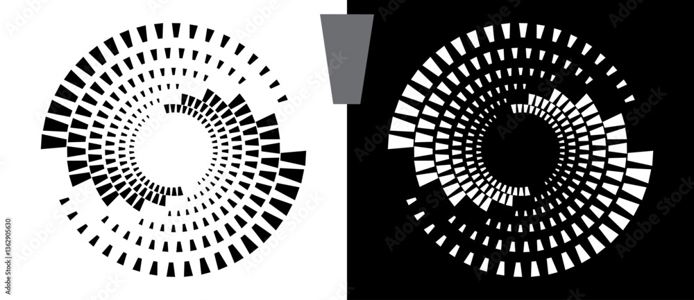 Poster Spiral as background with quadrangles. Circle design element or icon, logo. Black shape on a white background and the same white shape on the black side.