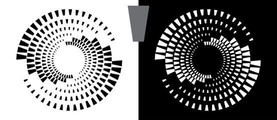Spiral as background with quadrangles. Circle design element or icon, logo. Black shape on a white background and the same white shape on the black side.