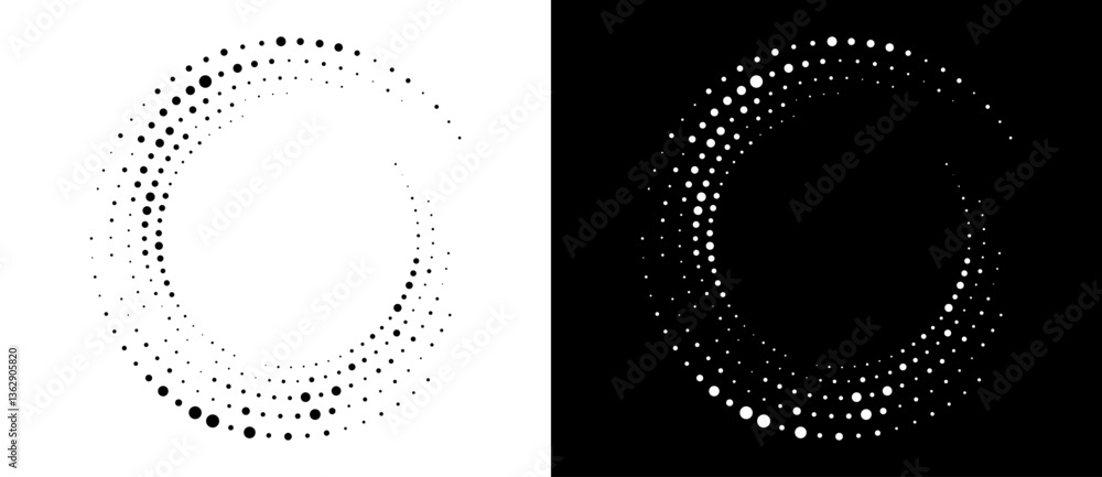 Poster Modern abstract background. Halftone dots in circle form. Round logo, design element or icon. Vector dotted frame. A black figure on a white background and an equally white figure on the black side.