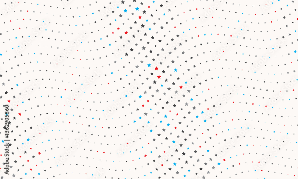 Poster abstract wave background with 5-pointed stars. gray, blue and red colors stars in waves over white b
