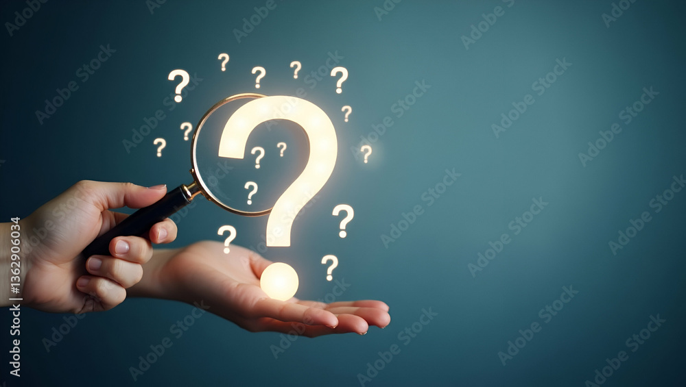 Poster exploring problem solving: hand holding holographic question mark with magnifying glass over large q