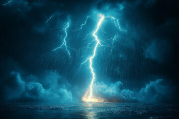 Hyper-realistic cinematic depiction of lightning striking the ground against a black background, capturing intense energy and a dramatic, electrifying atmosphere