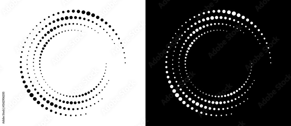Poster Modern abstract background. Halftone dots in circle form. Round logo, design element or icon. Vector dotted frame. A black figure on a white background and an equally white figure on the black side.