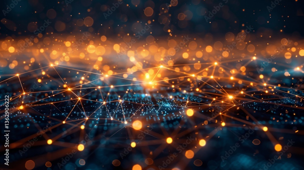 Poster glowing network of interconnected nodes visualizing data flow in a vibrant digital landscape
