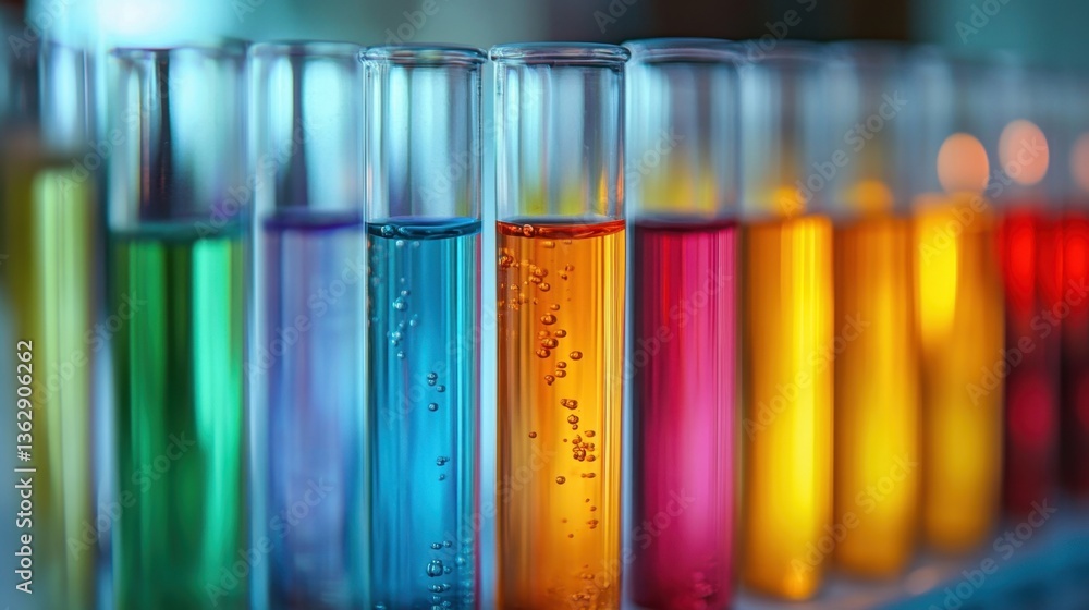 Poster colorful liquids in test tubes creating a vibrant spectrum in a laboratory setting science and medic
