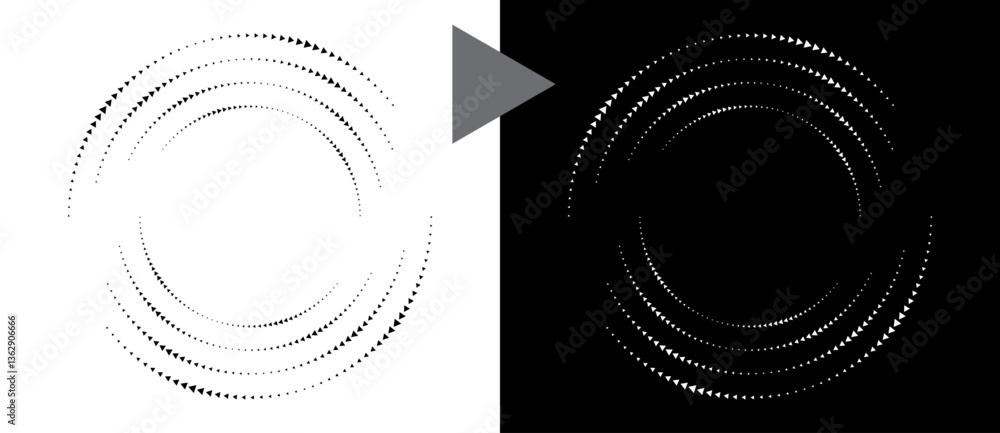 Poster Abstract background with triangles in circle. Art design spiral as logo or icon. A black figure on a white background and an equally white figure on the black side.