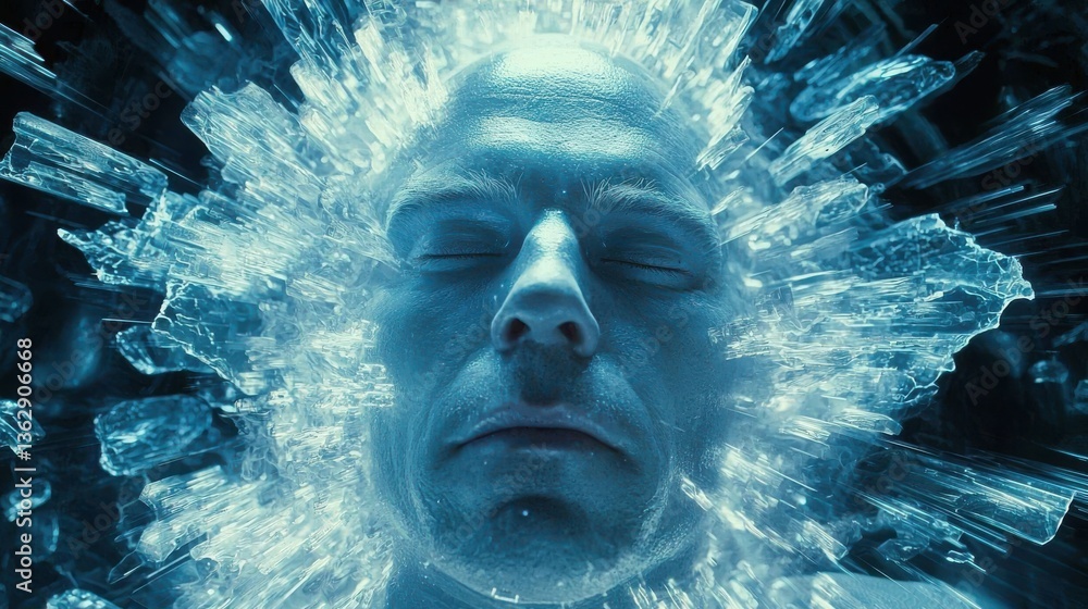 Poster human head encased in glowing crystal structure representing ai language model adaptability and tran