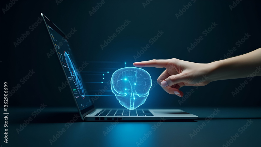 Poster flat hand using holographic ai image generator on laptop: futuristic user interface & visual prompts