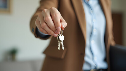 Flat Saleswoman Agent Holding Apartment Keys: A Cute Vector Illustration of a Smart Business Concept for Selling Residential Properties to New Homeowners and Couples with Mortgage Loan Investments