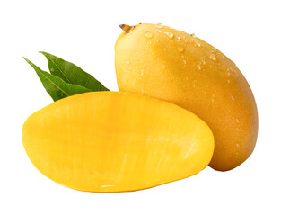 Single ripe yellow mango fruit and half with green leaves and water droplets in stack isolated with...