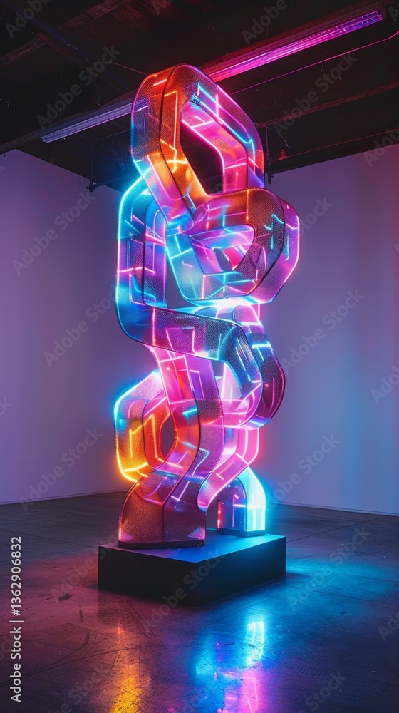 Poster interconnected glowing glyphs illuminate the universal language of art in a contemporary gallery set
