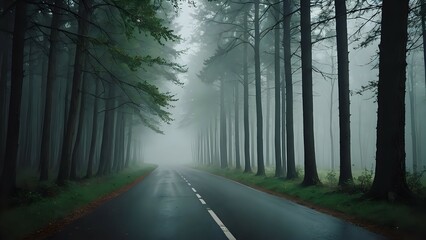 Obraz premium Mysterious foggy road disappearing into a dense forest. Perfect for fantasy, mystery, or suspense themes.