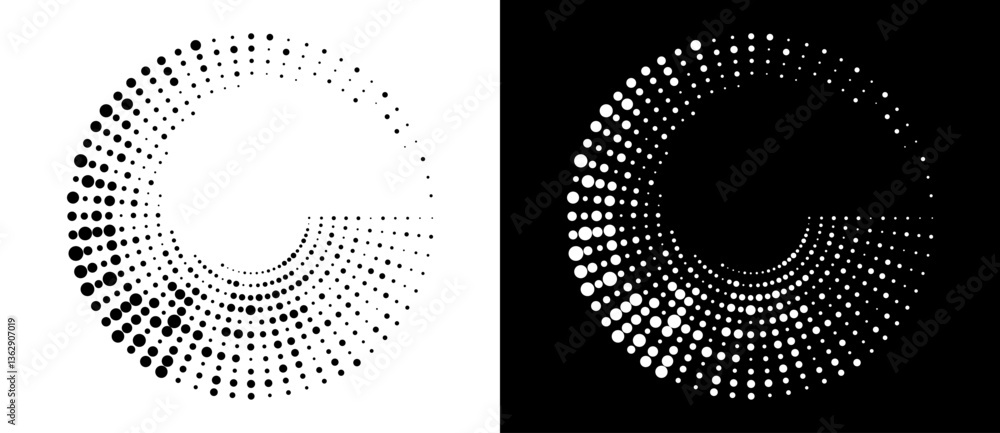 Poster Modern abstract background. Halftone dots in circle form. Round logo, design element or icon. Vector dotted frame. A black figure on a white background and an equally white figure on the black side.