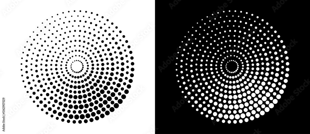 Poster Modern abstract background. Halftone dots in circle form. Round logo, design element or icon. Vector dotted frame. A black figure on a white background and an equally white figure on the black side.