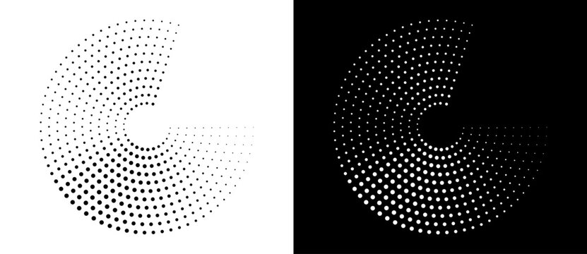 Modern abstract background. Halftone dots in circle form. Letter C like logo, icon or design element. Black dots on a white background and white dots on the black side.