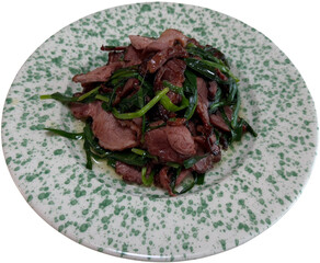 Stir-fried duck with garlic chives on a ceramic plate