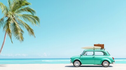 Surfing adventure at a tropical beach vintage car with surfboard coastal vibes bright and sunny scene