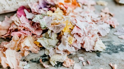 Colorful shredded paper confetti pile.