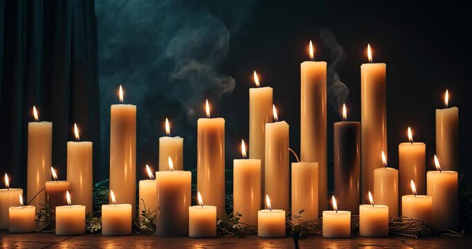 A tranquil arrangement of electric candles of varying heights emitting a warm, gentle glow. The dark backdrop is highlighted by the candles. Idea for memorials or religious rituals.