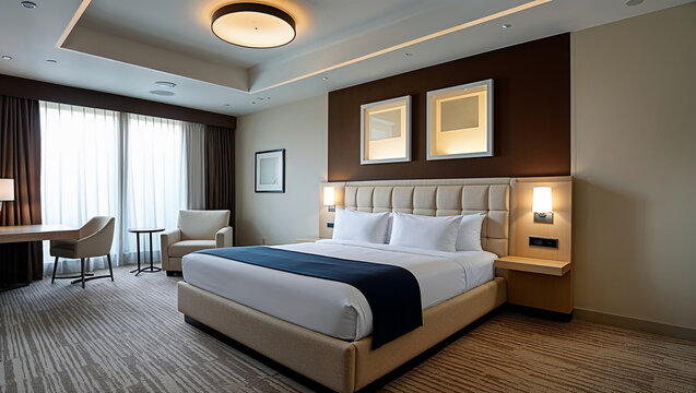 Modern hotel room interior design with comfortable king size bed