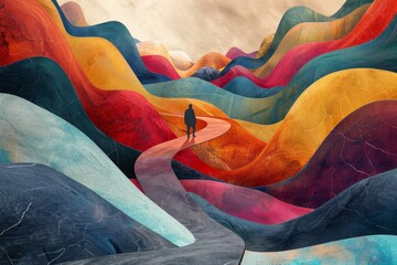 Climbing the mountain of abstract shapes in a surreal landscape of personal growth and transformation