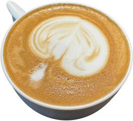 Latte with heart-shaped foam art in a white cup