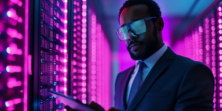 A tech professional examining data servers in a modern data center, illuminated with bright pink and purple lights. The man is focused on the information displayed on the tablet he is holding.