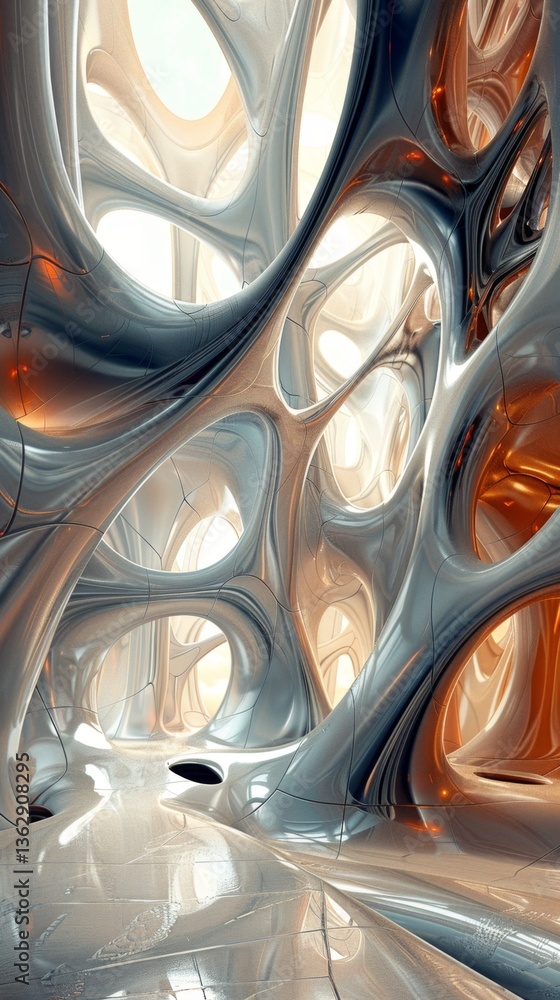 Poster surreal building interior with abstract shapes and flowing lines promoting spaciousness and innovati